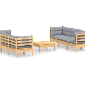 7-delige Loungeset met grijze kussens grenenhout 7-delige Loungeset met grijze kussens grenenhout