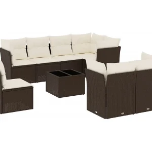 9-delige Loungeset met kussens poly rattan bruin