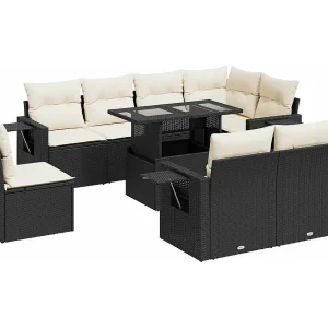 9-delige Loungeset met kussens poly rattan zwart 9-delige Loungeset met kussens poly rattan zwart