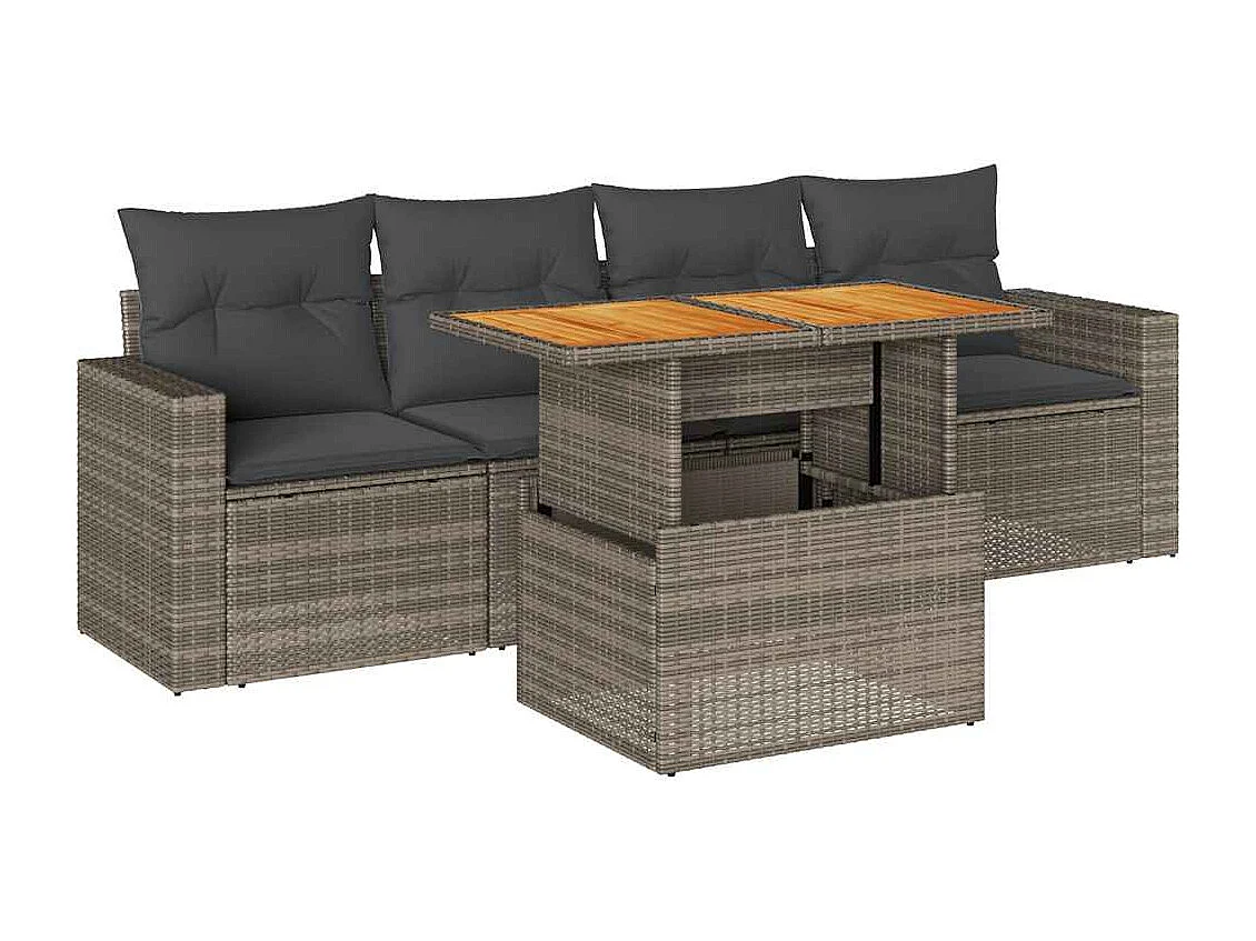 5-delige Loungeset met kussens poly rattan grijs