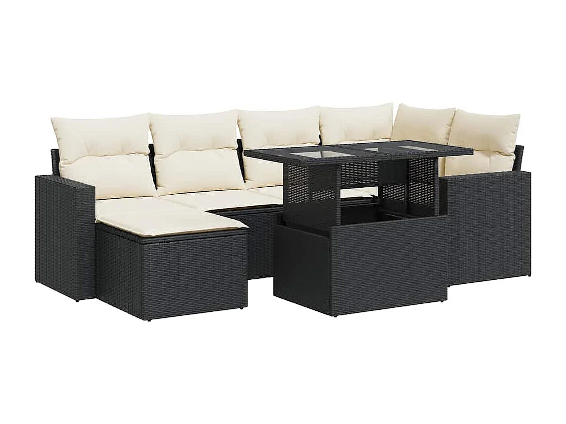 7-delige Loungeset met kussens poly rattan zwart