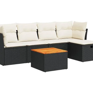 6-delige Loungeset met kussens poly rattan zwart