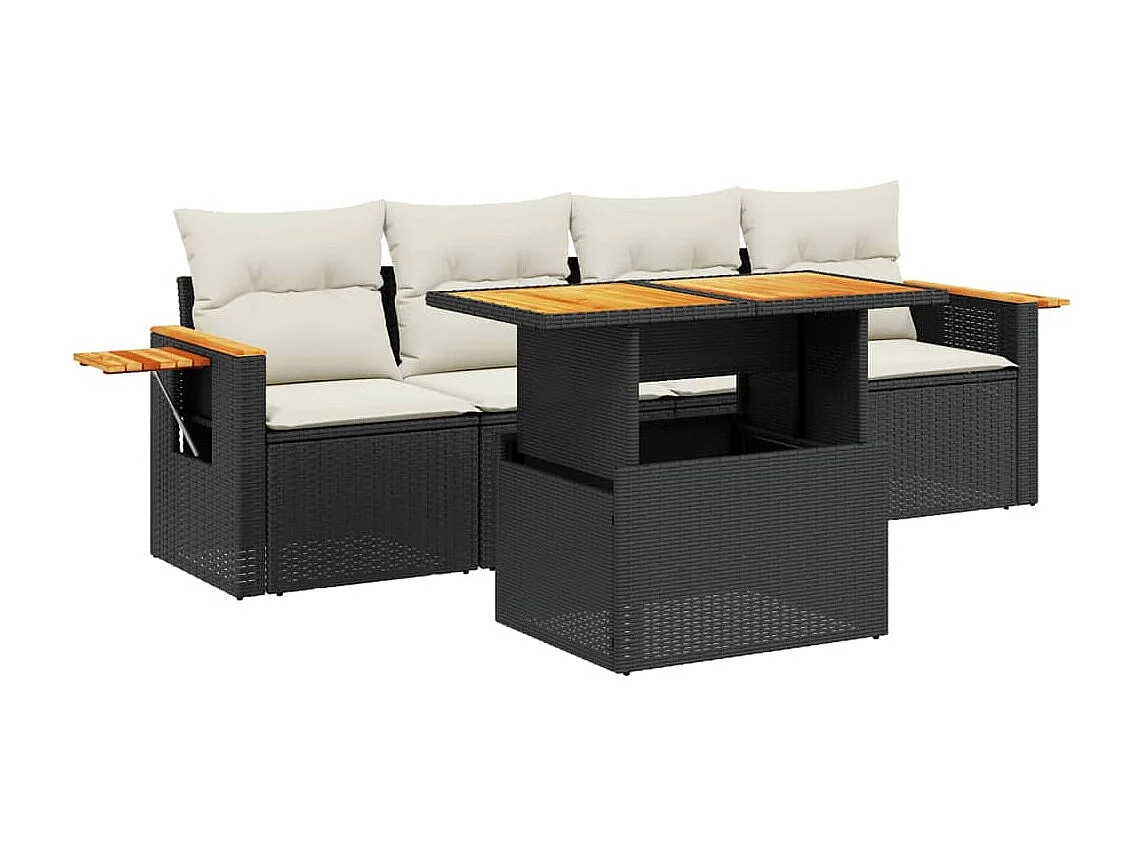 5-delige Loungeset met kussens poly rattan zwart