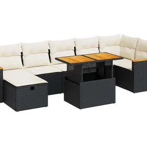 5-delige Loungeset met kussens poly rattan zwart
