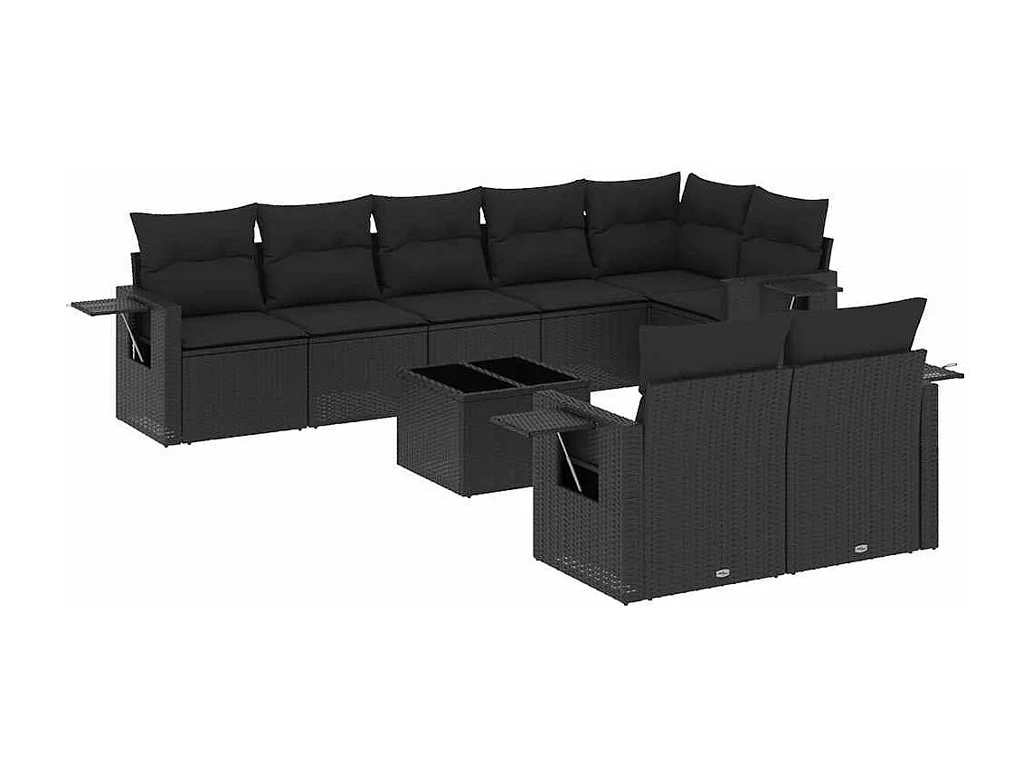 9-delige Loungeset met kussens poly rattan zwart