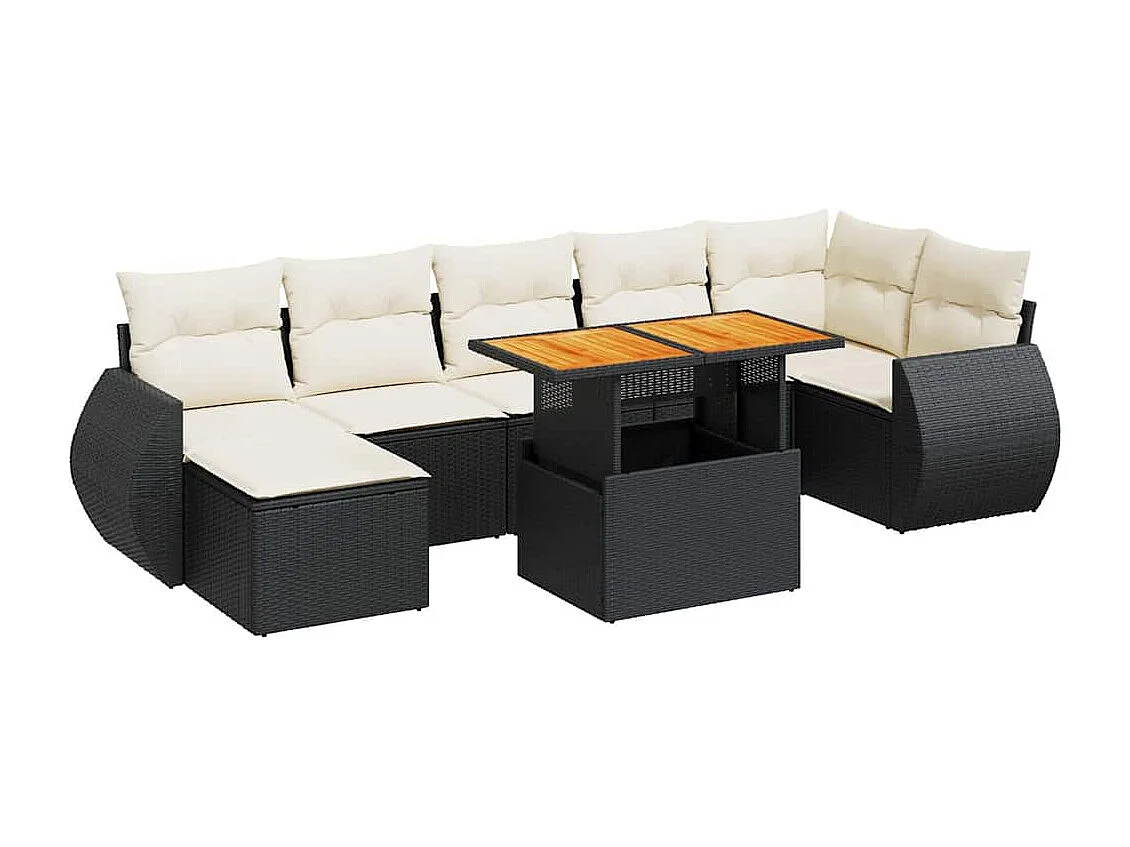 8-delige Loungeset met kussens poly rattan zwart