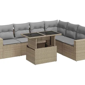 7-delige Loungeset met kussens poly rattan beige
