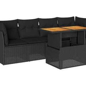 5-delige Loungeset met kussens poly rattan zwart