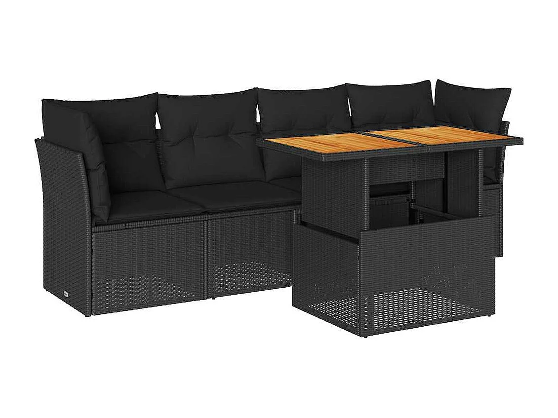 5-delige Loungeset met kussens poly rattan zwart