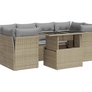 7-delige Loungeset met kussens poly rattan beige