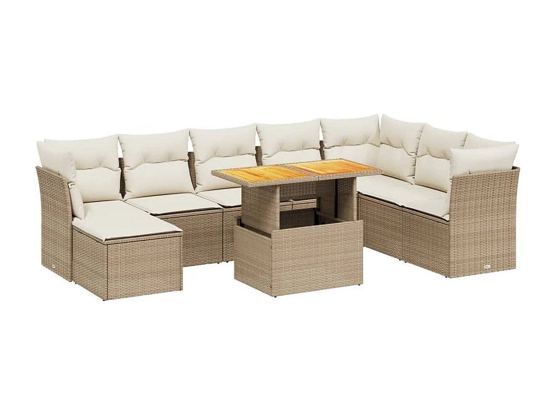 9-delige Loungeset met kussens poly rattan beige