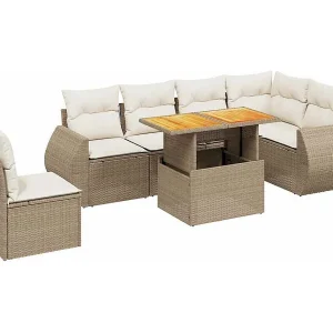 7-delige Loungeset met kussens poly rattan beige