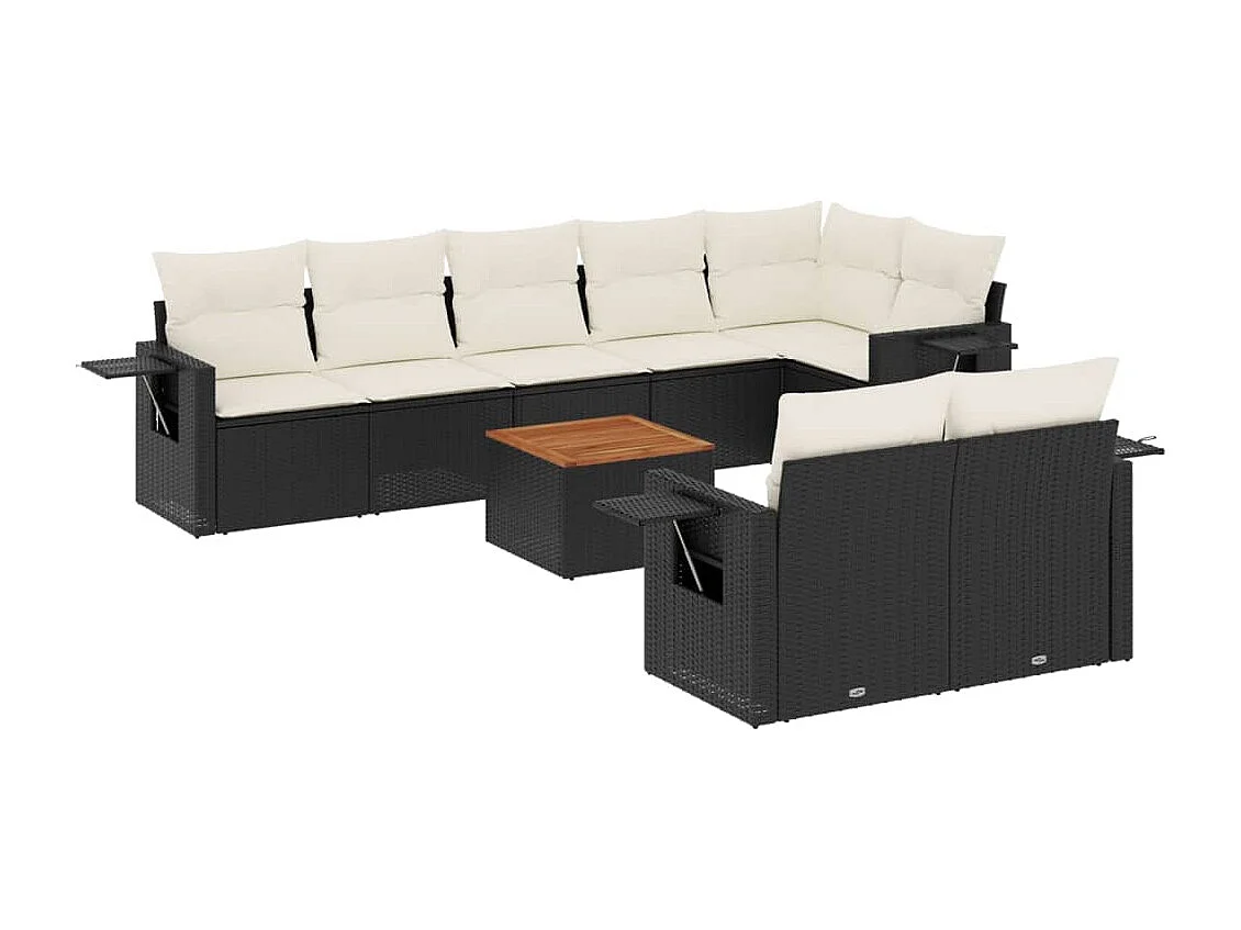9-delige Loungeset met kussens poly rattan zwart