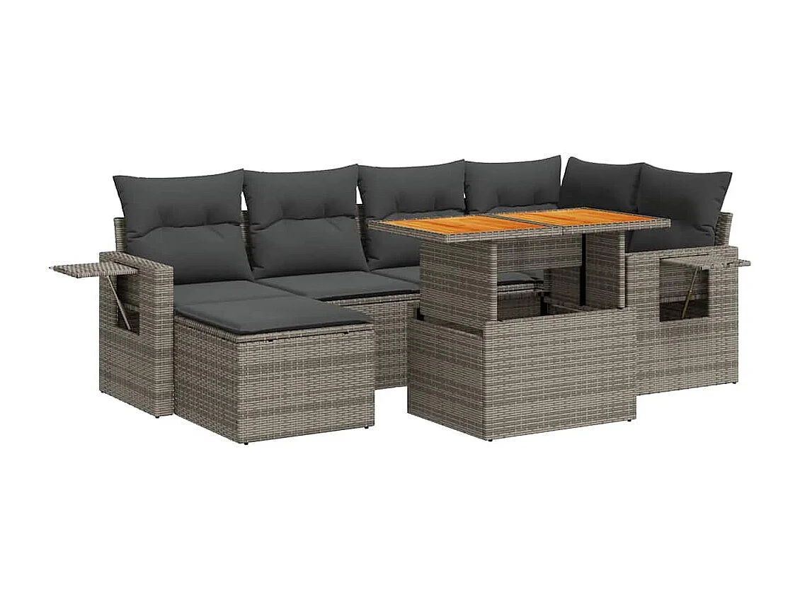 7-delige Loungeset met kussens poly rattan grijs