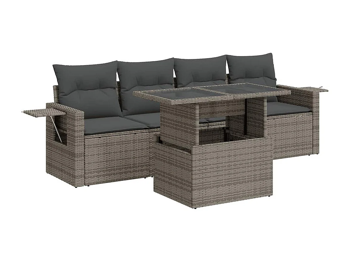 5-delige Loungeset met kussens poly rattan grijs
