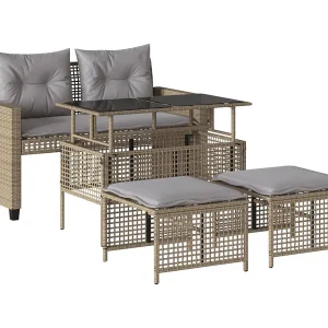 4-delige Loungeset met kussens poly rattan en glas beige