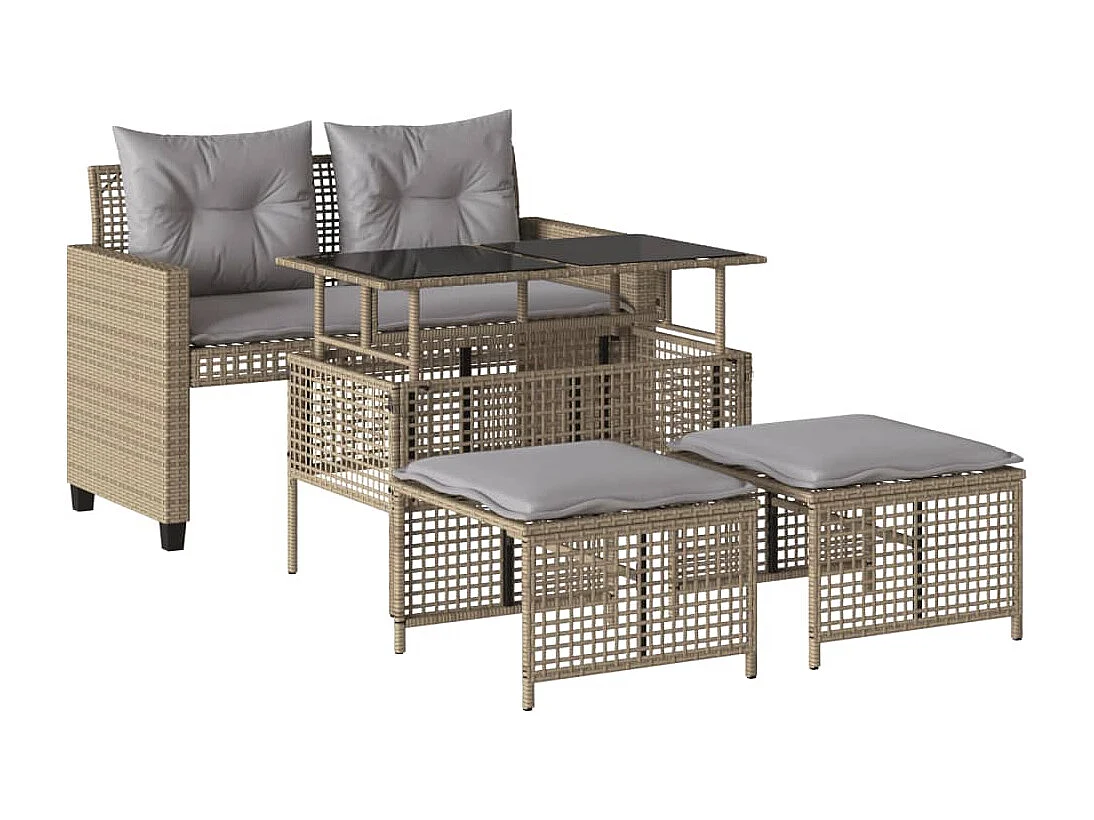 4-delige Loungeset met kussens poly rattan en glas beige