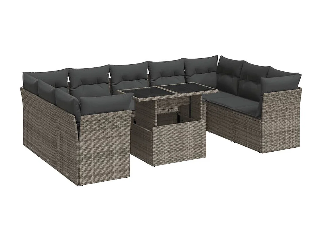 10-delige Loungeset met kussens poly rattan grijs