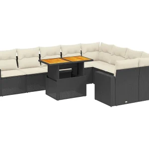 10-delige Loungeset met kussens poly rattan zwart