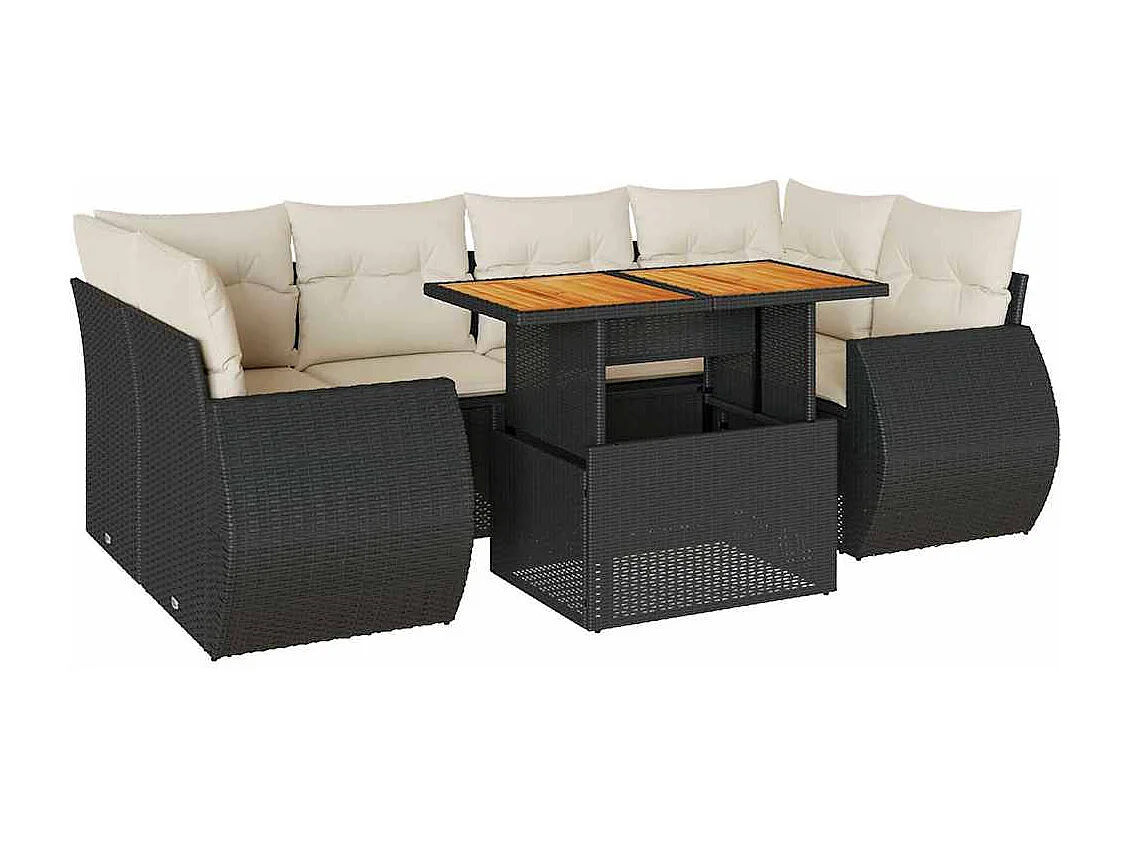 7-delige Loungeset met kussens poly rattan zwart