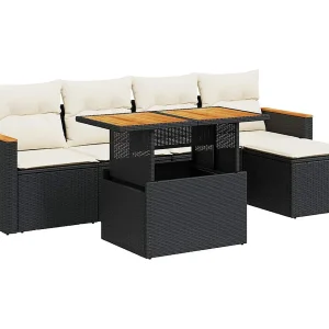 6-delige Loungeset met kussens poly rattan acacia zwart 6-delige Loungeset met kussens poly rattan acacia zwart