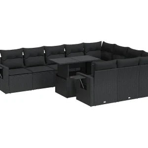 11-delige Loungeset met kussens poly rattan zwart