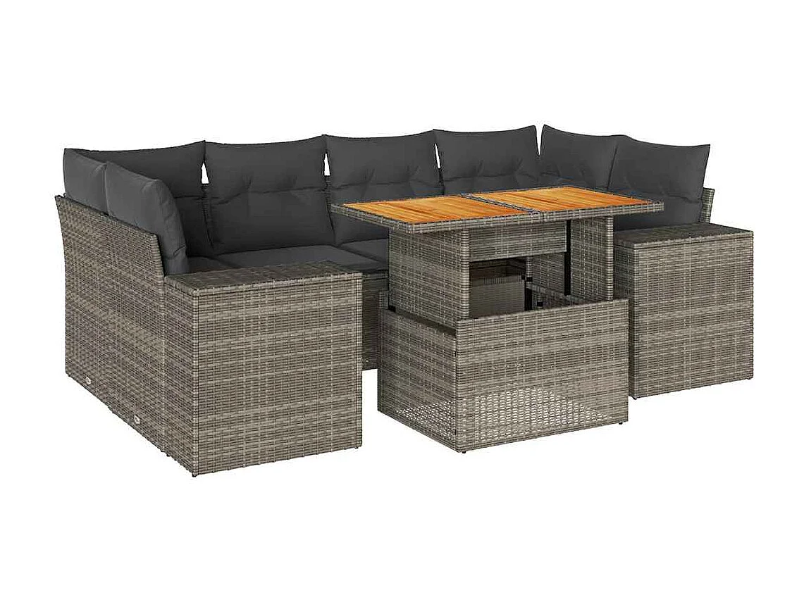 7-delige Loungeset met kussens poly rattan grijs