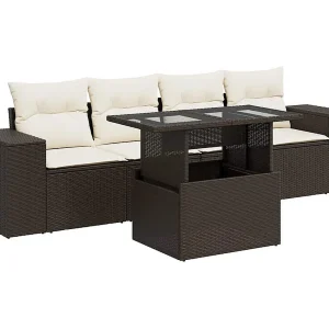 5-delige Loungeset met kussens poly rattan bruin