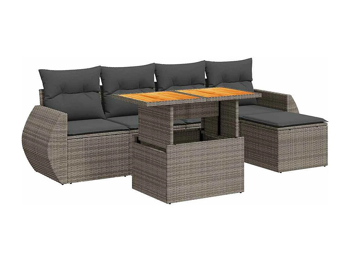6-delige Loungeset met kussens poly rattan grijs