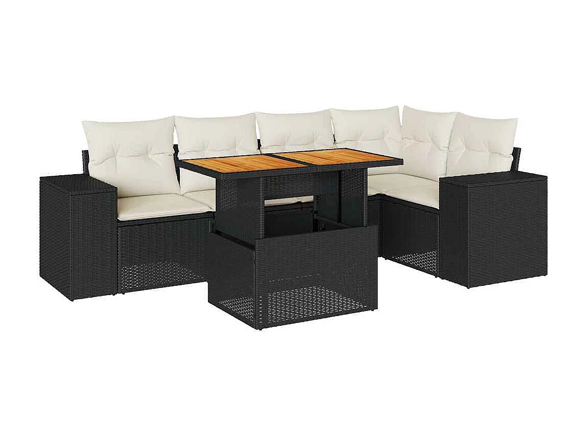 6-delige Loungeset met kussens poly rattan zwart