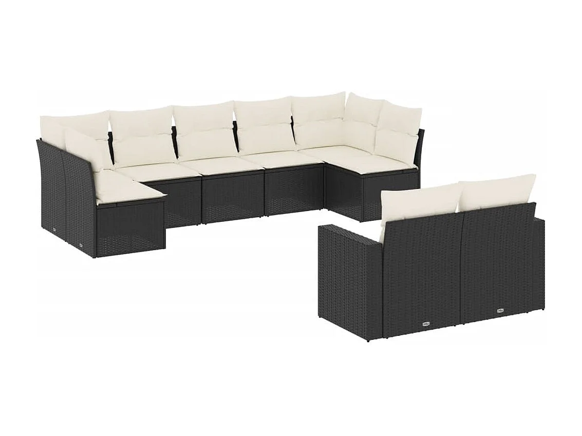 9-delige Loungeset met kussens poly rattan zwart