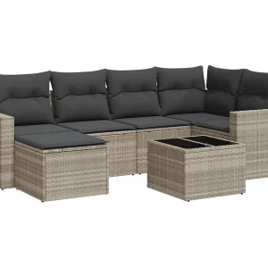 7-delige Loungeset met kussens poly rattan lichtgrijs