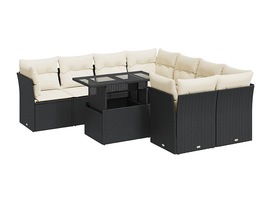 9-delige Loungeset met kussens poly rattan zwart