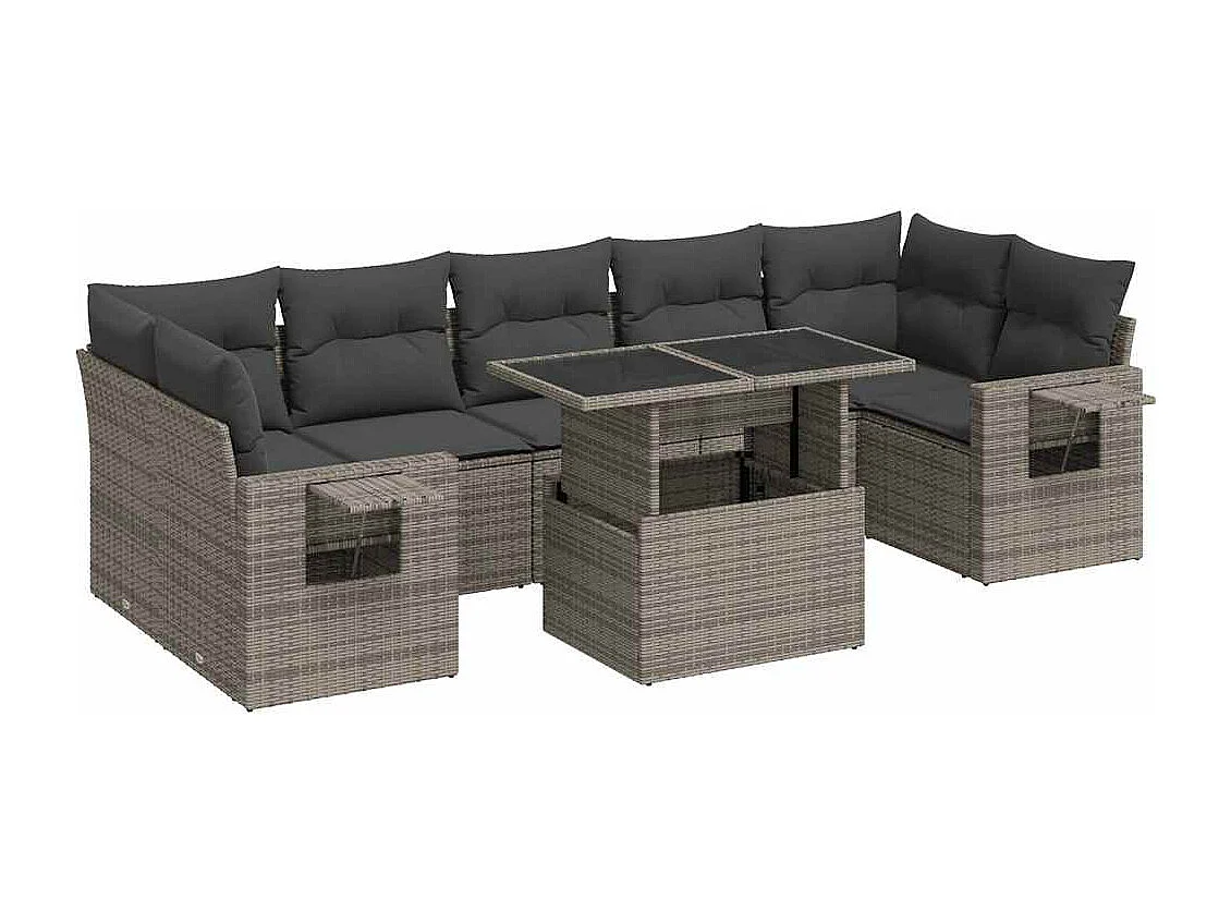 8-delige Loungeset met kussens poly rattan grijs