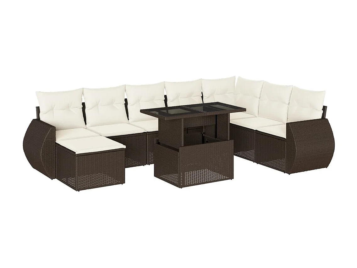 9-delige Loungeset met kussens poly rattan bruin