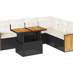 7-delige Loungeset met kussens poly rattan acacia zwart
