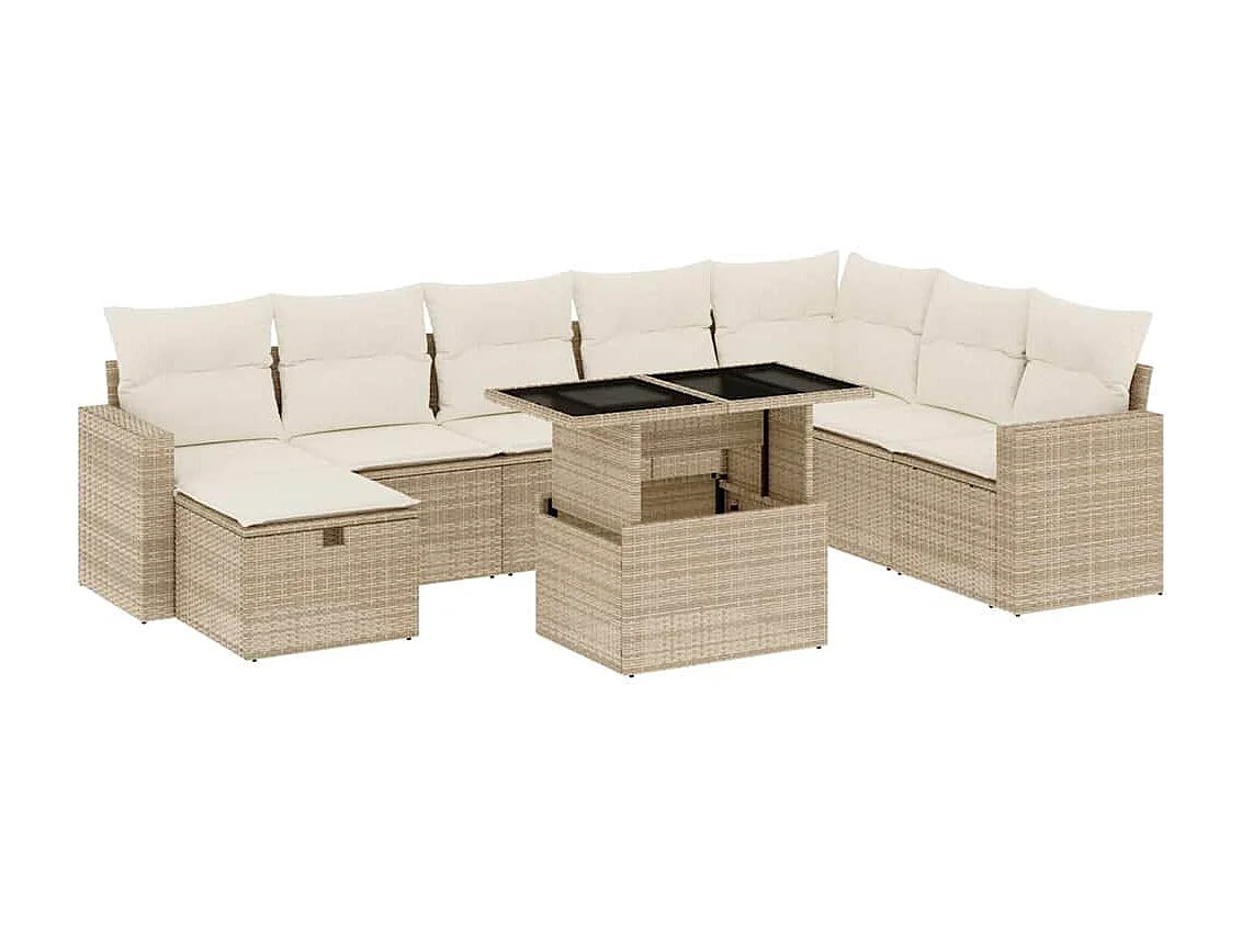 9-delige Loungeset met kussens poly rattan beige