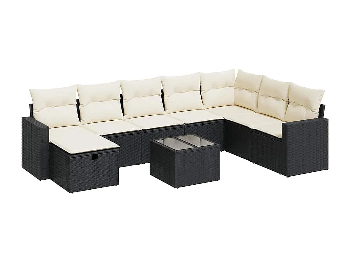 9-delige Loungeset met kussens poly rattan zwart