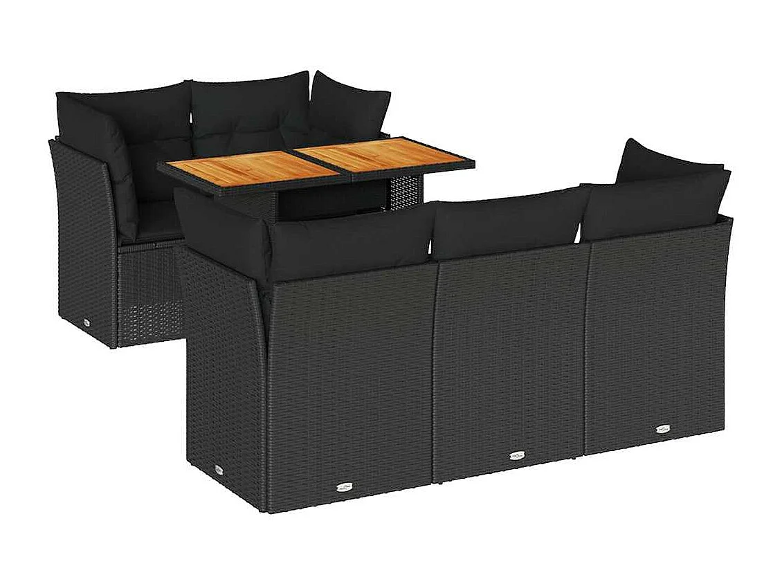 6-delige Loungeset met kussens poly rattan zwart