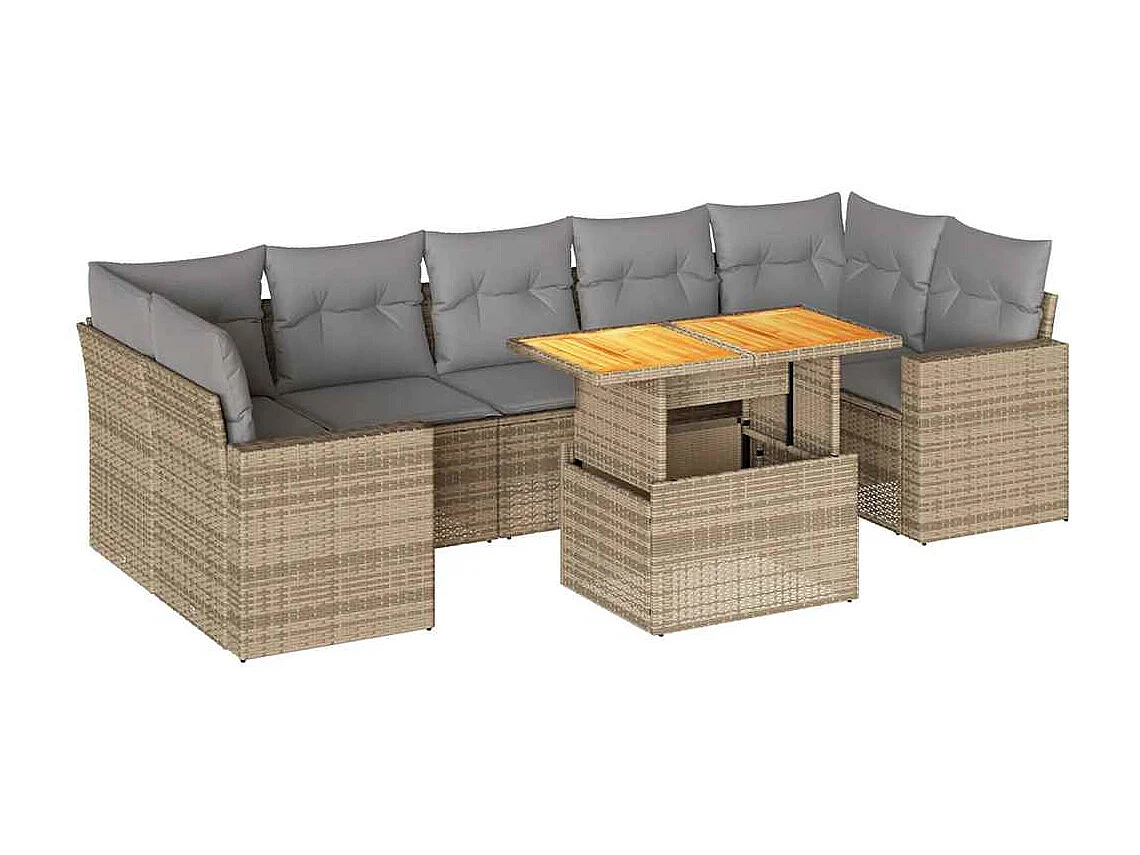 8-delige Loungeset met kussens poly rattan beige