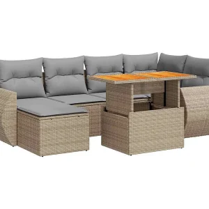 7-delige Loungeset met kussens poly rattan beige