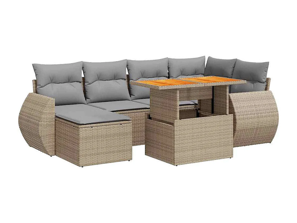 7-delige Loungeset met kussens poly rattan beige