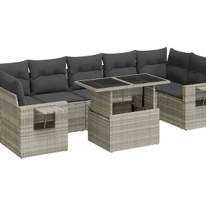 8-delige Loungeset met kussens poly rattan lichtgrijs