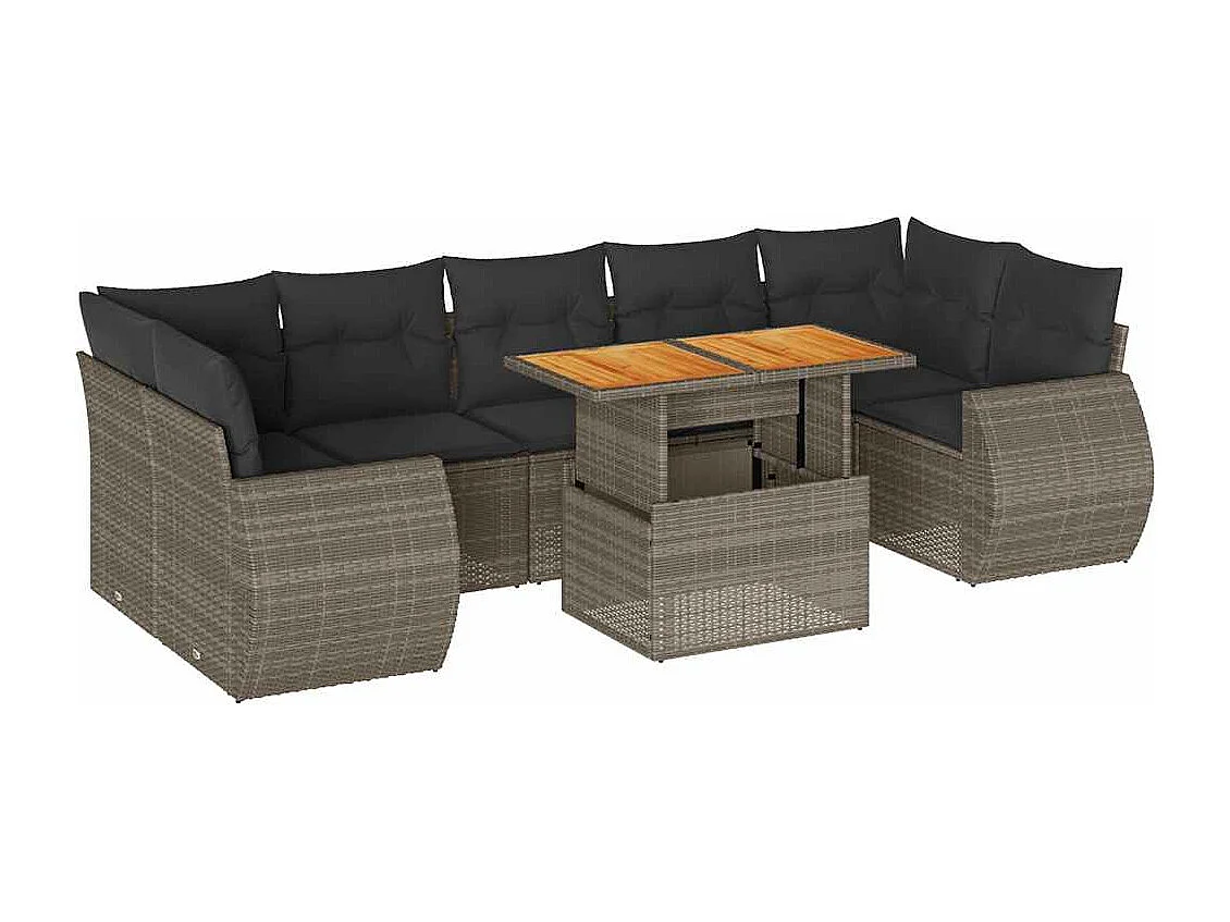 8-delige Loungeset met kussens poly rattan grijs