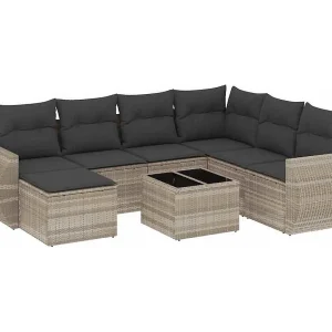 8-delige Loungeset met kussens poly rattan lichtgrijs