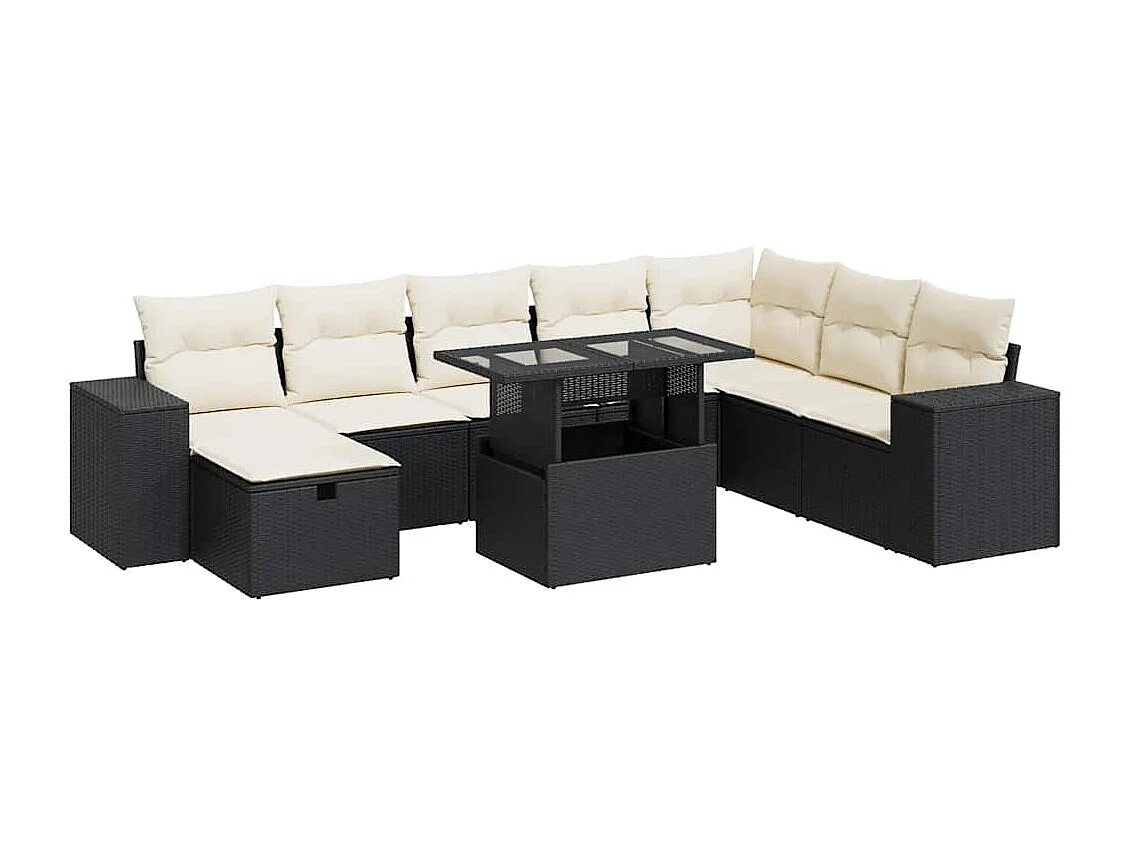 9-delige Loungeset met kussens poly rattan zwart