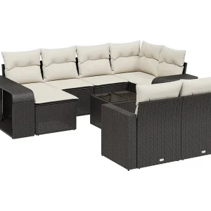 11-delige Loungeset met kussens poly rattan zwart