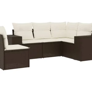 5-delige Loungeset met kussens poly rattan bruin