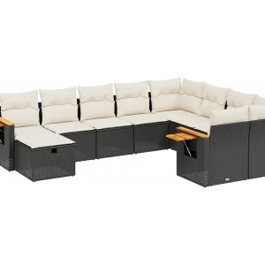 10-delige Loungeset met kussens poly rattan zwart