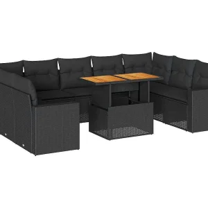10-delige Loungeset met kussens poly rattan zwart